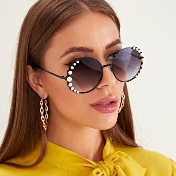 Faux Pearl Decor Round Frame Sunglasses - Picture 1 of 4